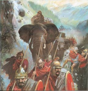 Elephants over the Alps - illustration by Andrew Howat in Neil Grant's 'Roman Conquests' (1991)